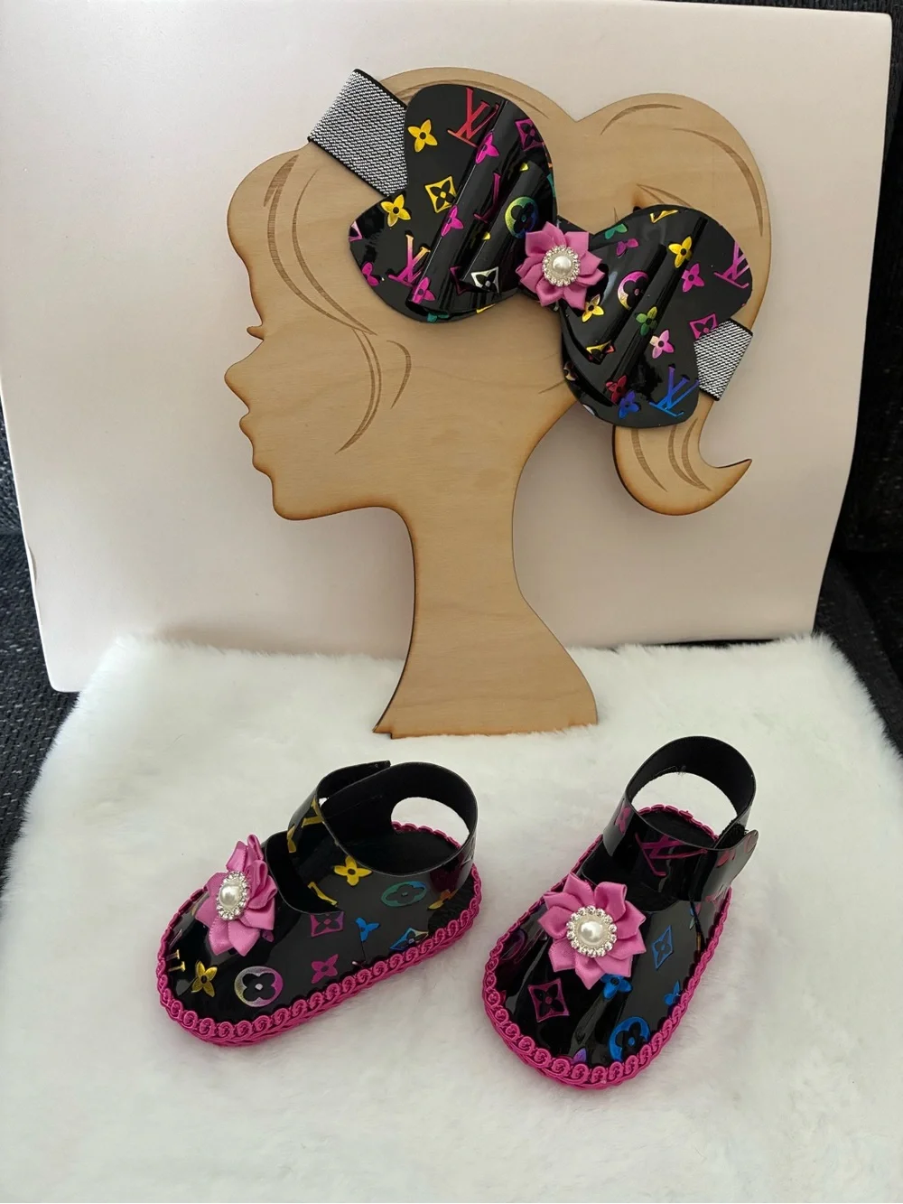 NATURAL LIFE Blue Floral Baby Shoes with Gold Accents and Headband